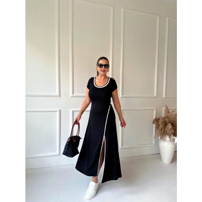 MARSiLYAN- Kadın Yuvarlak Ribana Yaka Beyaz Yırtmaç Detaylı Viskon Tam Boy Elbise