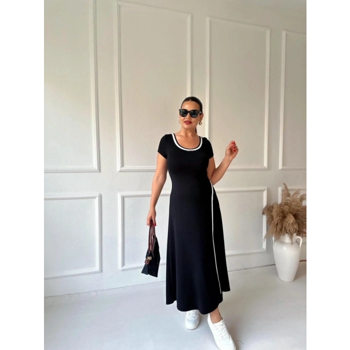 MARSiLYAN- Kadın Yuvarlak Ribana Yaka Beyaz Yırtmaç Detaylı Viskon Tam Boy Elbise