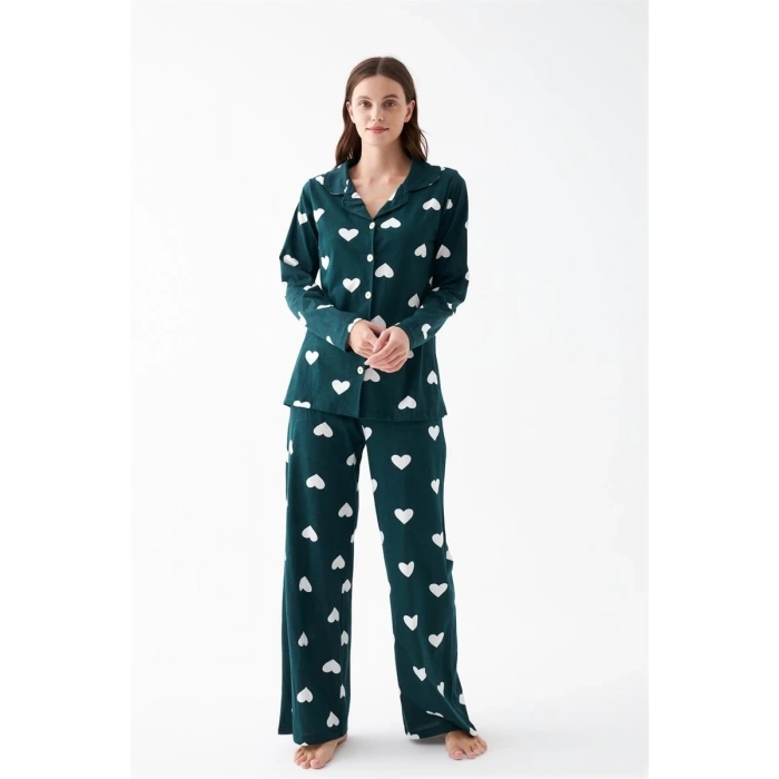 MARSiLYAN- Kadın Zümrüt Yeşili Kalp Desenli Düğmeli Pamuklu Pijama Takımı