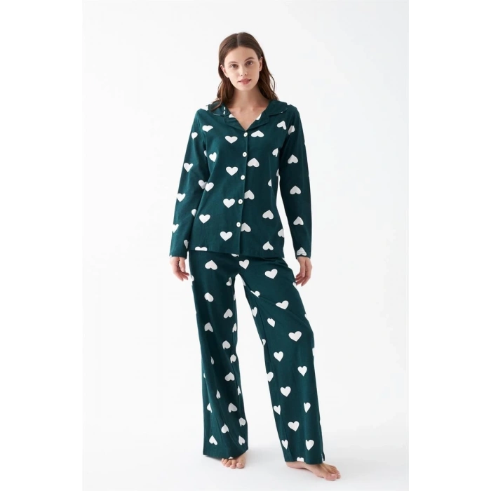 MARSiLYAN- Kadın Zümrüt Yeşili Kalp Desenli Düğmeli Pamuklu Pijama Takımı