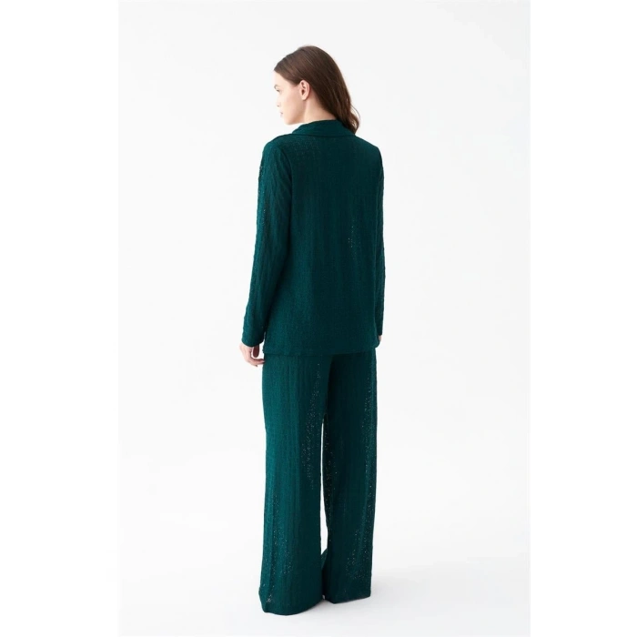 MARSiLYAN- Kadın Zümrüt Yeşili Önden Düğmeli Rahat Kesim Pijama Takımı