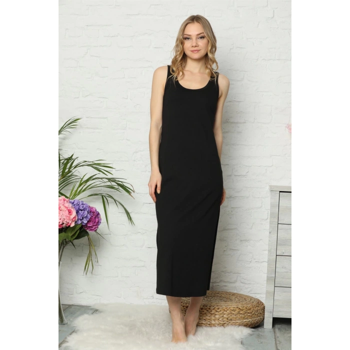 MARSiLYAN- Kalın Askılı Siyah Penye Uzun Gecelik