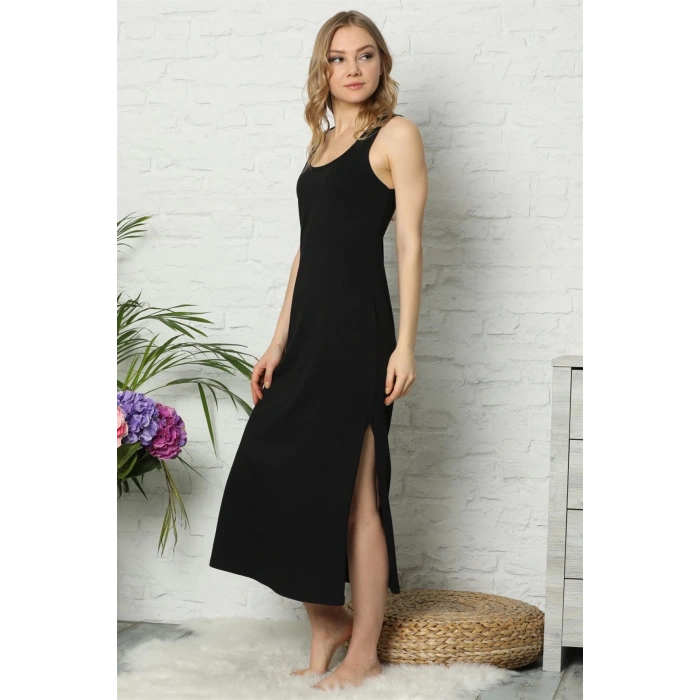 MARSiLYAN- Kalın Askılı Siyah Penye Uzun Gecelik