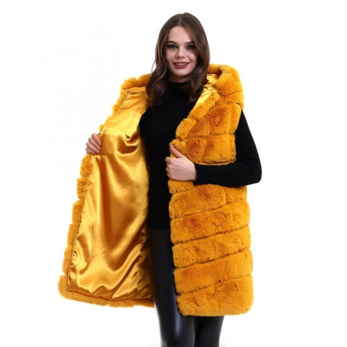 MARSiLYAN- Kapşonlu Peluş Kürk Yelek Premium Kalite, Tam Astarlı, Uzun Model - Sarı