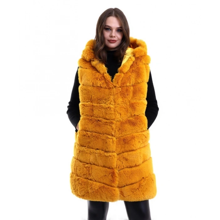 MARSiLYAN- Kapşonlu Peluş Kürk Yelek Premium Kalite, Tam Astarlı, Uzun Model - Sarı