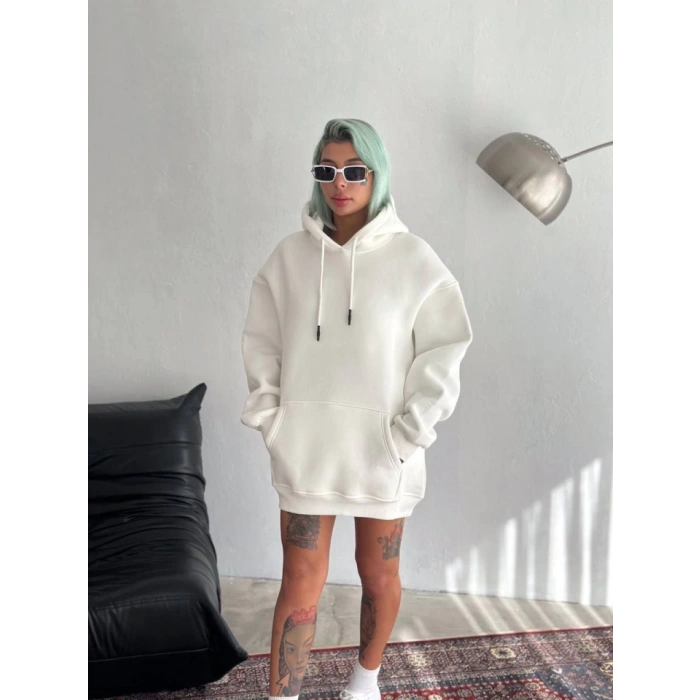 MARSiLYAN- Kapşonlu Üç İplik Penye Basic SweatShirt - Beyaz