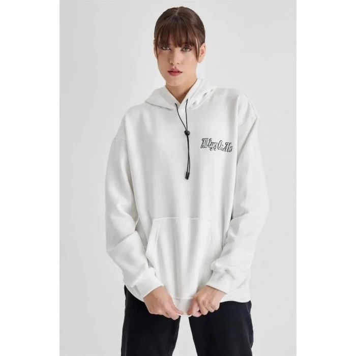 MARSiLYAN- Kapüşonlu Sırt Baskılı Üç İplik Oversize Sweatshirt - Beyaz