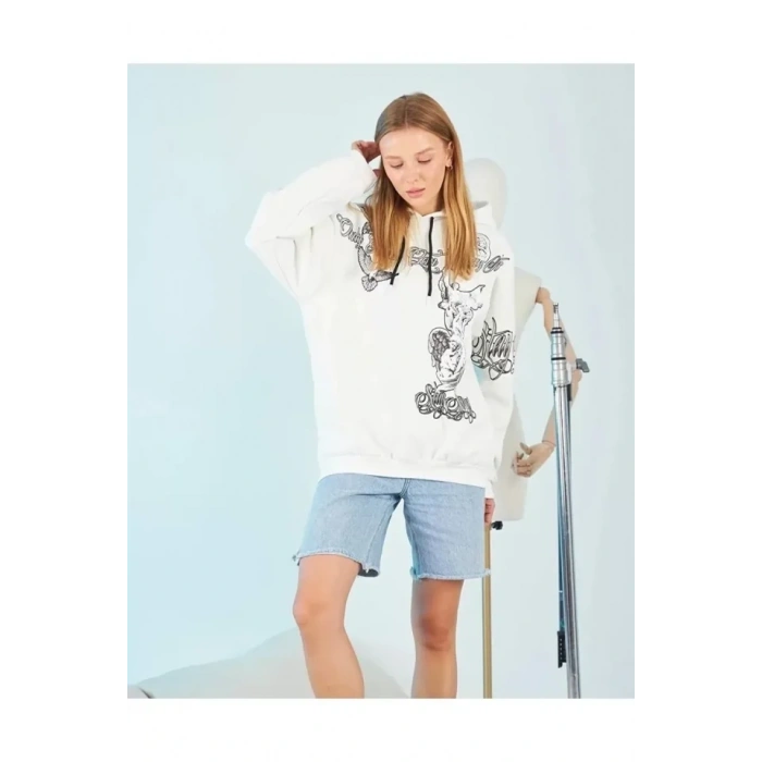 MARSiLYAN- Kapüşonlu Strong Heykel Baskılı Sweatshirt - Beyaz
