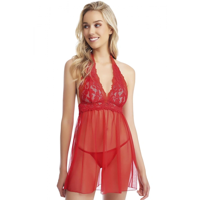 MARSiLYAN-  Kırmızı Boyundan Bağlamalı Dantel İşlemeli Fantezi Tül Gecelik