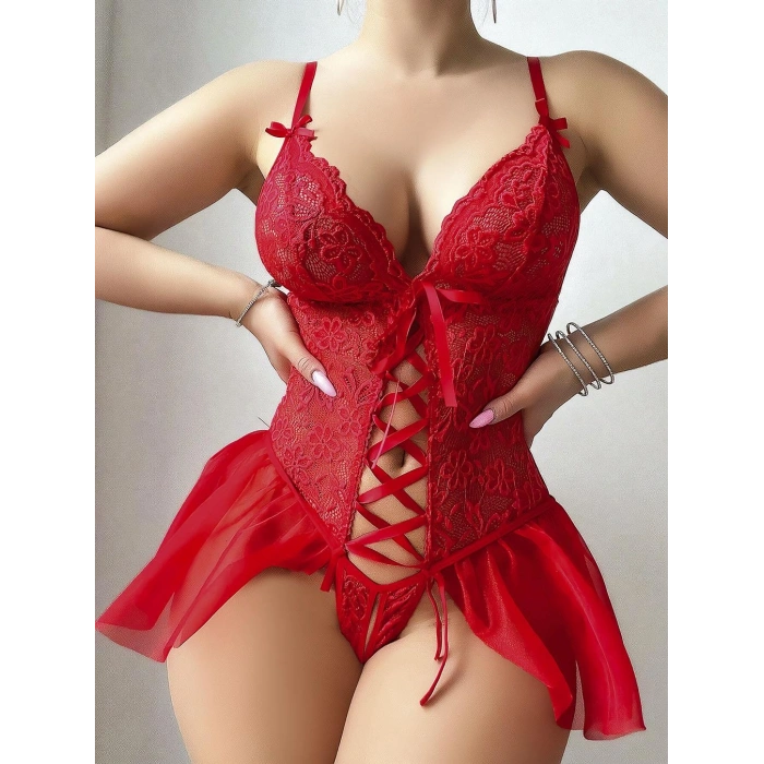 MARSiLYAN-  Kırmızı Dantel Detaylı Önü Dekolteli Fantezi Babydoll