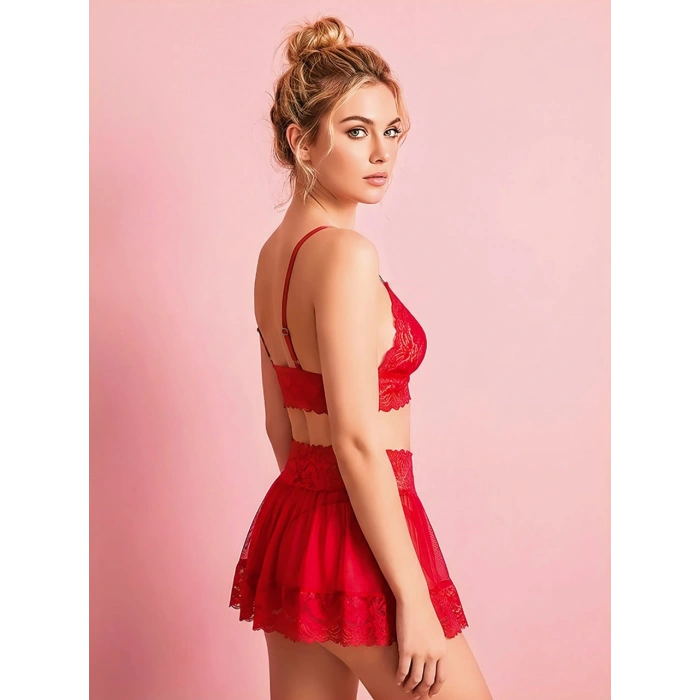 MARSiLYAN-  Kırmızı Dantel İşlemeli Kurdelalı Büstiyer Etek Takımı