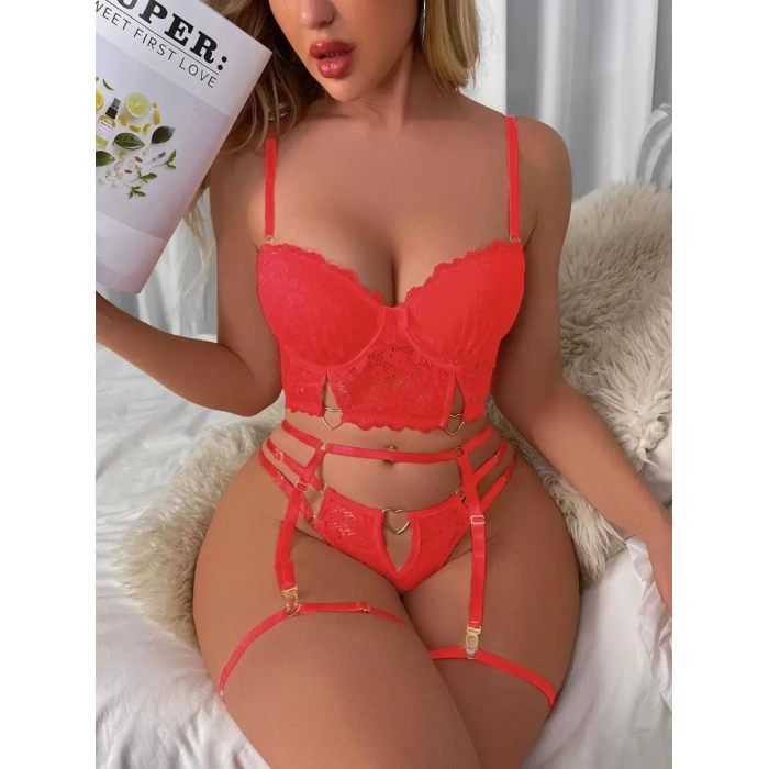 MARSiLYAN- Kırmızı Dantelli Jartiyer Fantezi Seksi Büstiyer Takımı