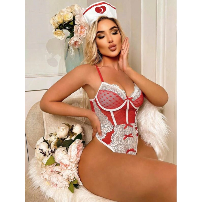 MARSiLYAN- Kırmızı Fantezi Body Hemşire Kostümü