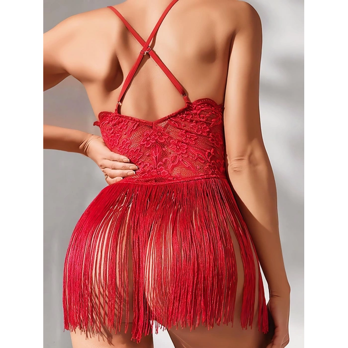 MARSiLYAN-  Kırmızı Püsküllü Dantel Detaylı Fantezi Gecelik