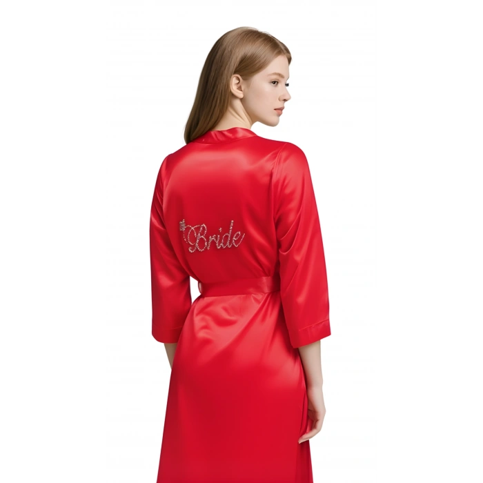 MARSiLYAN-  Kırmızı Saten Bride Sabahlık Zarif Kadın Ev Giyim