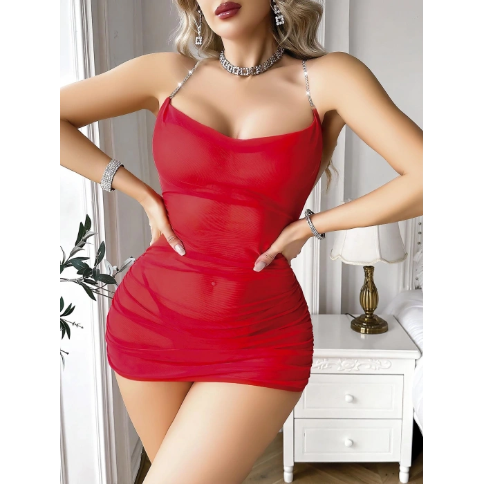 MARSiLYAN-  Kırmızı Sırt Zincir Detaylı Fantezi Şık Tül Gecelik