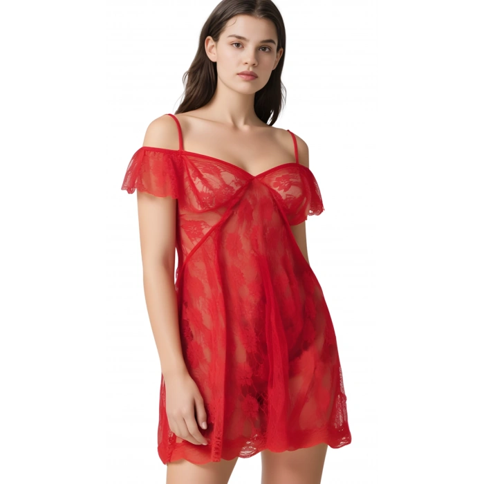 MARSiLYAN-  Kırmızı Tül Mini Gecelik Zarif Kadın Gece Elbisesi
