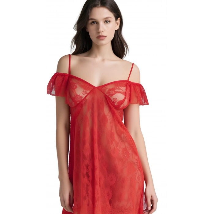 MARSiLYAN-  Kırmızı Tül Mini Gecelik Zarif Kadın Gece Elbisesi