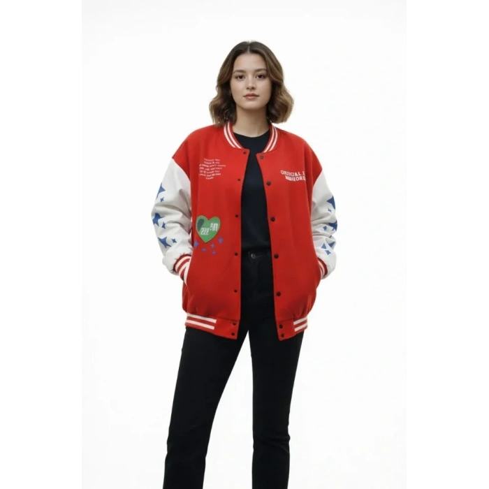 MARSiLYAN- Kırmızı Varsity Çıtçıtlı Baskılı Oversize Kalıp Kolej Ceket - Kırmızı