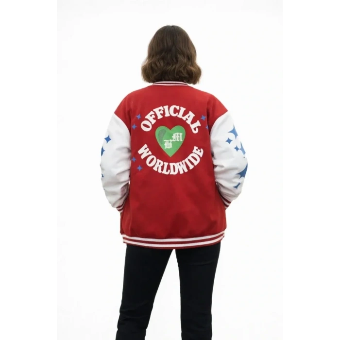 MARSiLYAN- Kırmızı Varsity Çıtçıtlı Baskılı Oversize Kalıp Kolej Ceket - Kırmızı