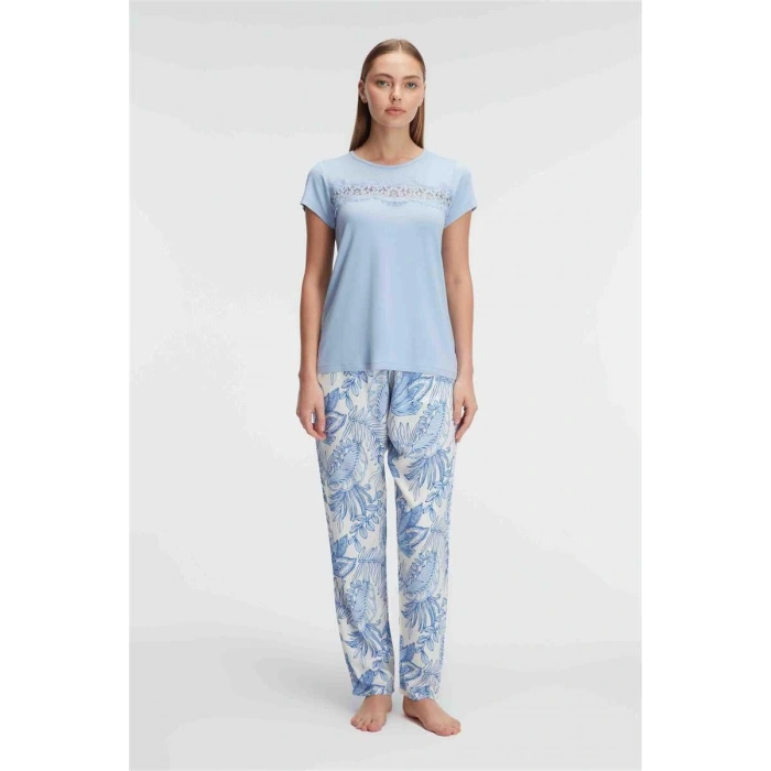 MARSiLYAN-  Kısa Kol Bisiklet Yaka Kadın Viskon Çiçek Desenli Yazlık ÖRME Dantel Detaylı Pijama Takımı