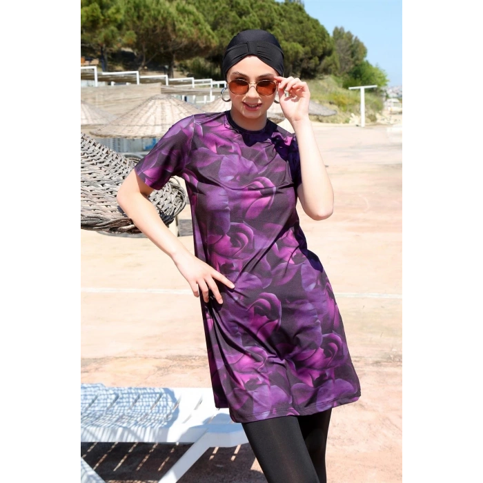 MARSiLYAN- Kısa Kol Güllü Yarım Tesettür Mayo Mor