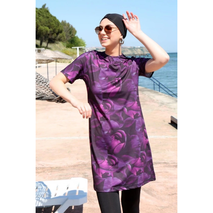 MARSiLYAN- Kısa Kol Güllü Yarım Tesettür Mayo Mor