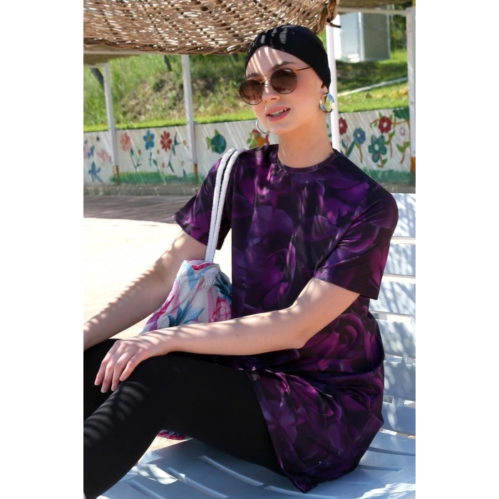 MARSiLYAN- Kısa Kol Güllü Yarım Tesettür Mayo Mor