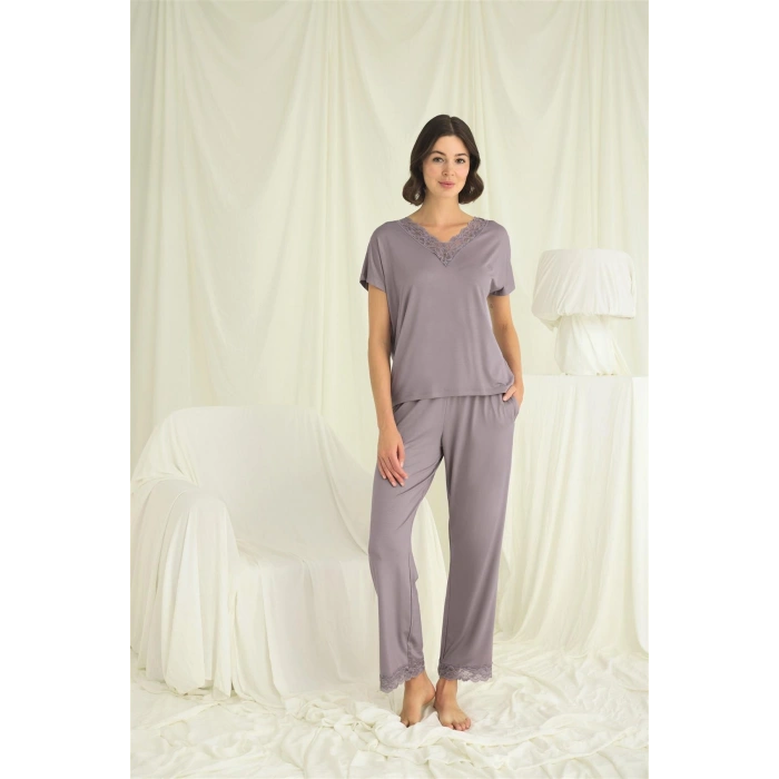 MARSiLYAN-  Kısa Kollu V Yakalı Dantelli Pijama Takımı