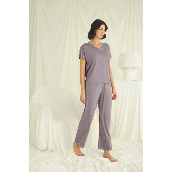MARSiLYAN-  Kısa Kollu V Yakalı Dantelli Pijama Takımı
