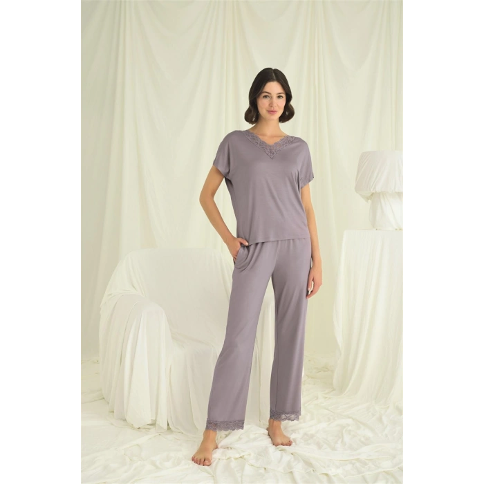 MARSiLYAN-  Kısa Kollu V Yakalı Dantelli Pijama Takımı