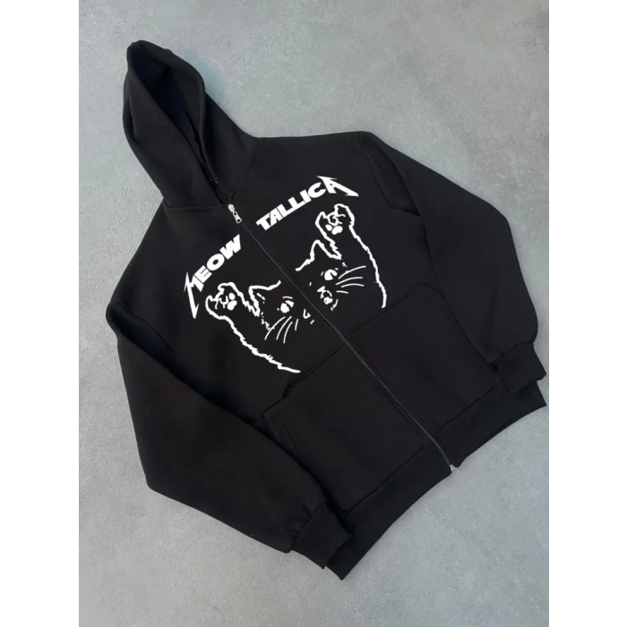 MARSiLYAN- Kışlık Baskılı Fermuarlı Kapüşonlu Hırka - Siyah