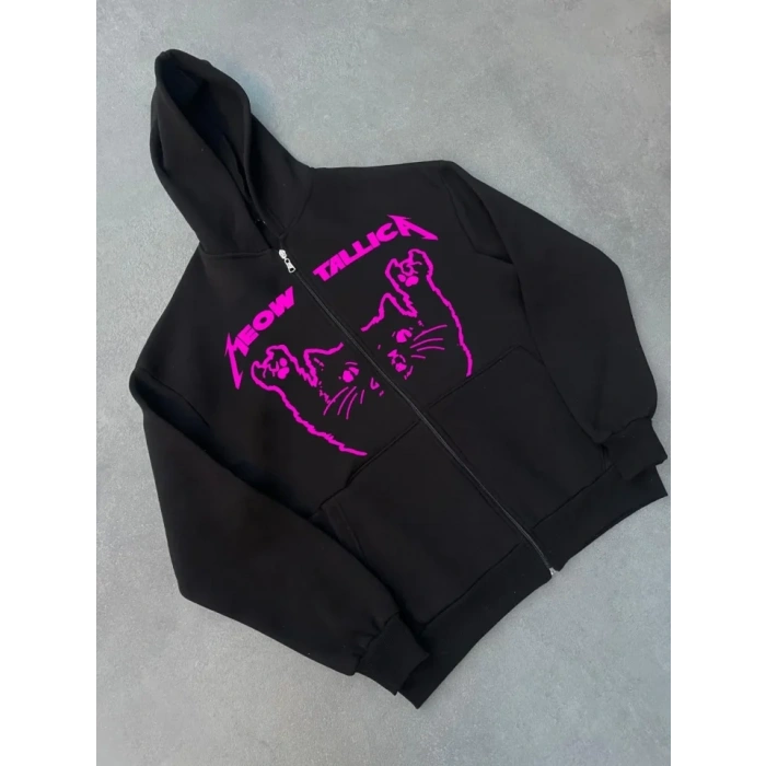 MARSiLYAN- Kışlık Baskılı Fermuarlı Kapüşonlu Hırka - Siyah