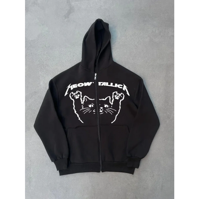 MARSiLYAN- Kışlık Baskılı Fermuarlı Kapüşonlu Hırka - Siyah