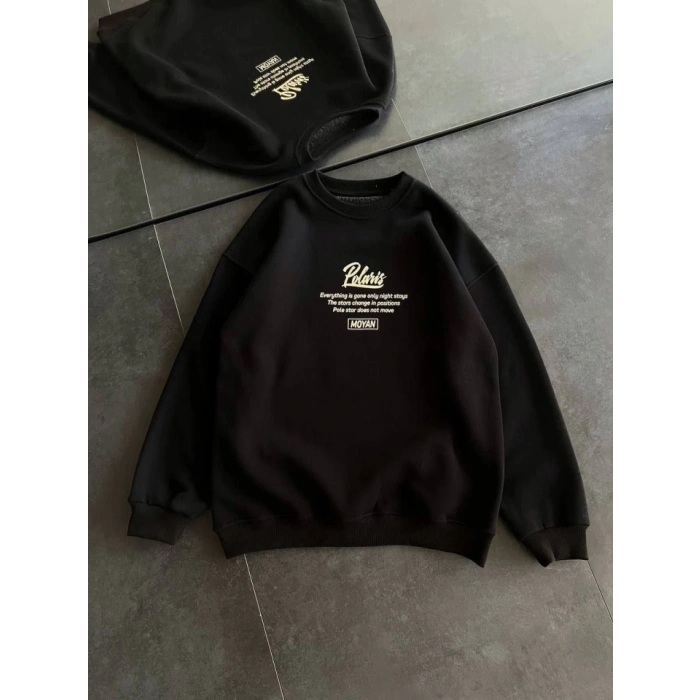 MARSiLYAN- Kışlık Bisiklet Yaka Ön Ve Arka Baskılı SweatShirt - Siyah