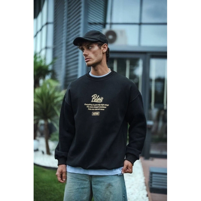 MARSiLYAN- Kışlık Bisiklet Yaka Ön Ve Arka Baskılı SweatShirt - Siyah