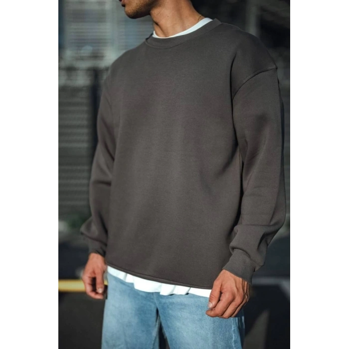MARSiLYAN- Kışlık Bisiklet Yaka Üç İplik Basic SweatShirt - Antrasit