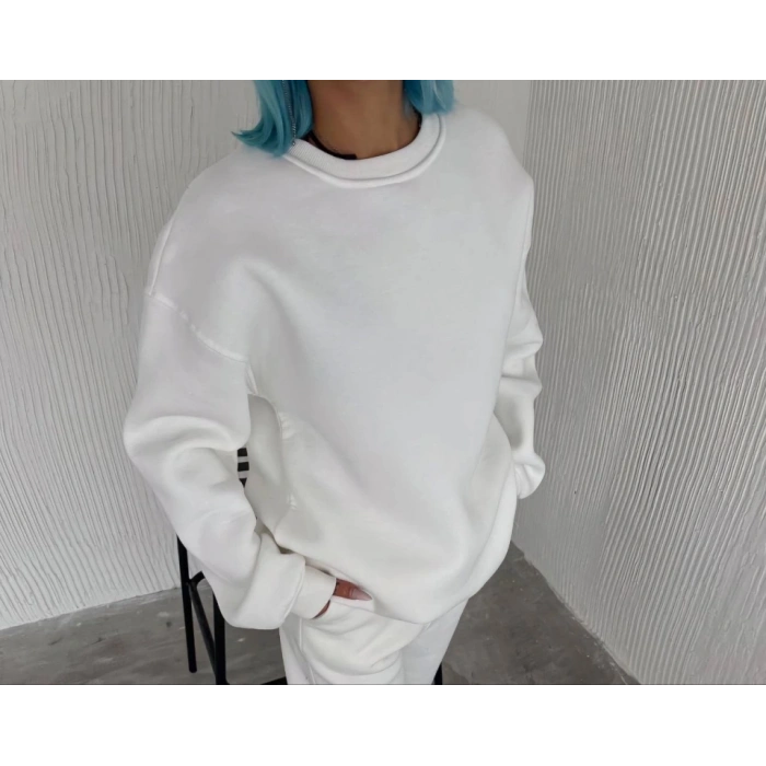 MARSiLYAN- Kışlık Bisiklet Yaka Üç İplik Basic SweatShirt - Beyaz