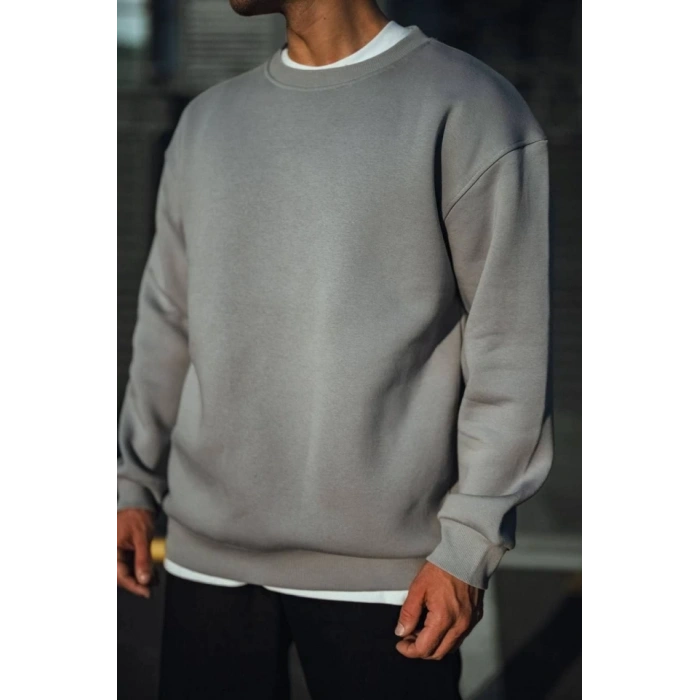 MARSiLYAN- Kışlık Bisiklet Yaka Üç İplik Basic SweatShirt - Boyalı Gri