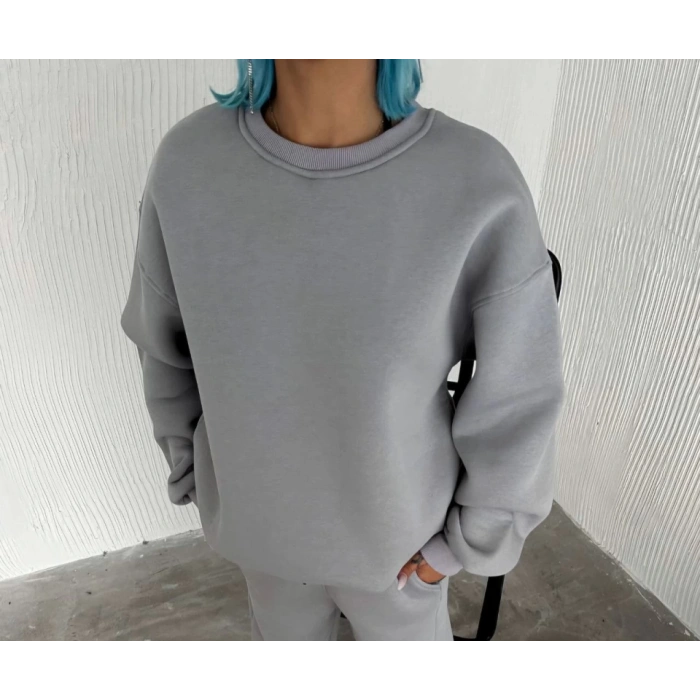 MARSiLYAN- Kışlık Bisiklet Yaka Üç İplik Basic SweatShirt - Gri