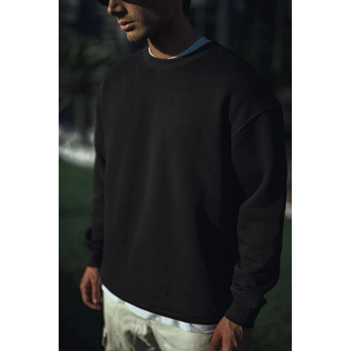 MARSiLYAN- Kışlık Bisiklet Yaka Üç İplik Basic SweatShirt - Siyah