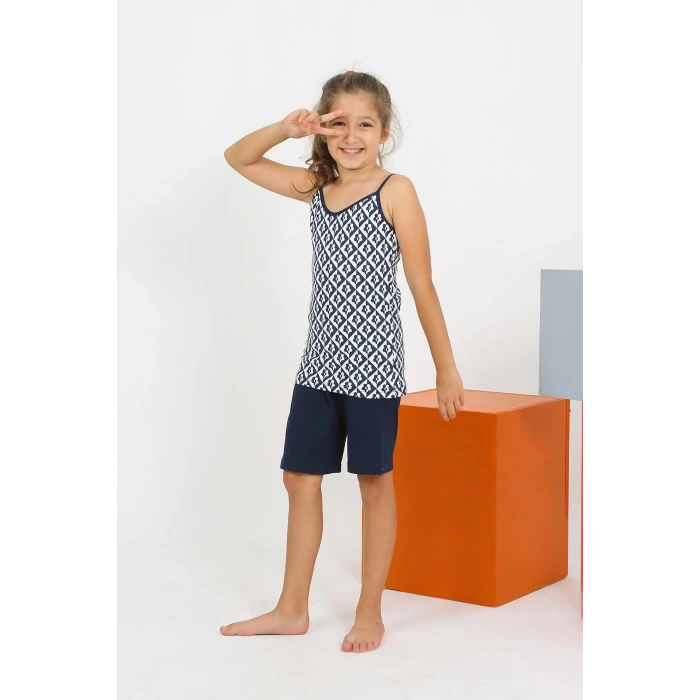 MARSiLYAN- Kız Çocuk İp Askılı Şortlu Penye Lacivert Pijama Takım
