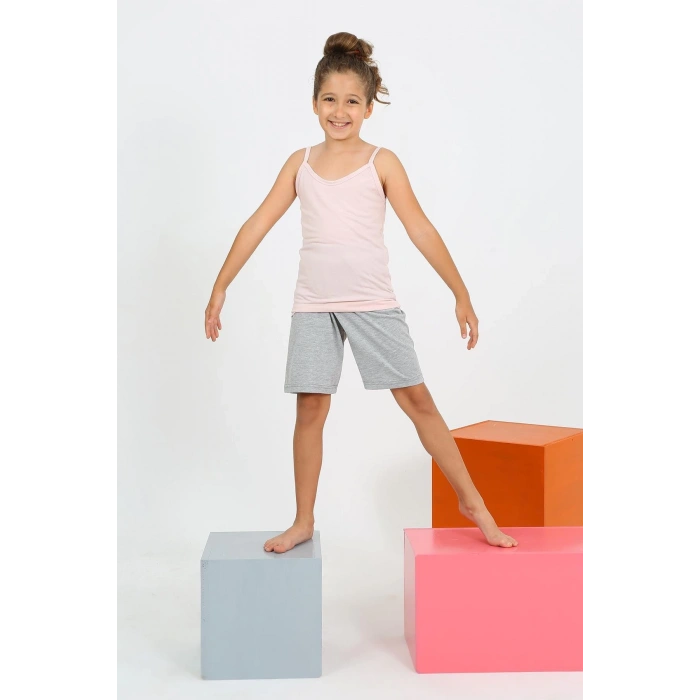 MARSiLYAN- Kız Çocuk İp Askılı Şortlu Penye Pembe Pijama Takım