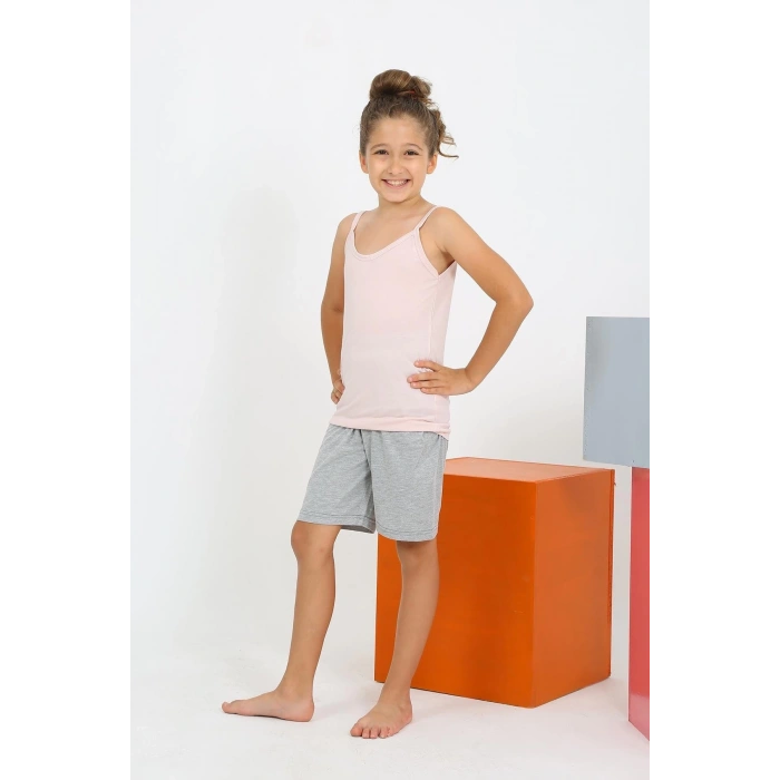 MARSiLYAN- Kız Çocuk İp Askılı Şortlu Penye Pembe Pijama Takım