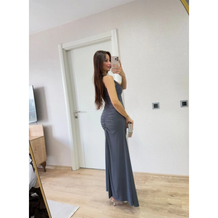 MARSiLYAN- Kolsuz Büzgülü Uzun Elbise - Füme