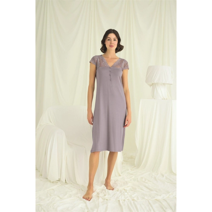 MARSiLYAN-  Kolu Omzu ve Yakası Dantelli Önü Düğmeli Gecelik