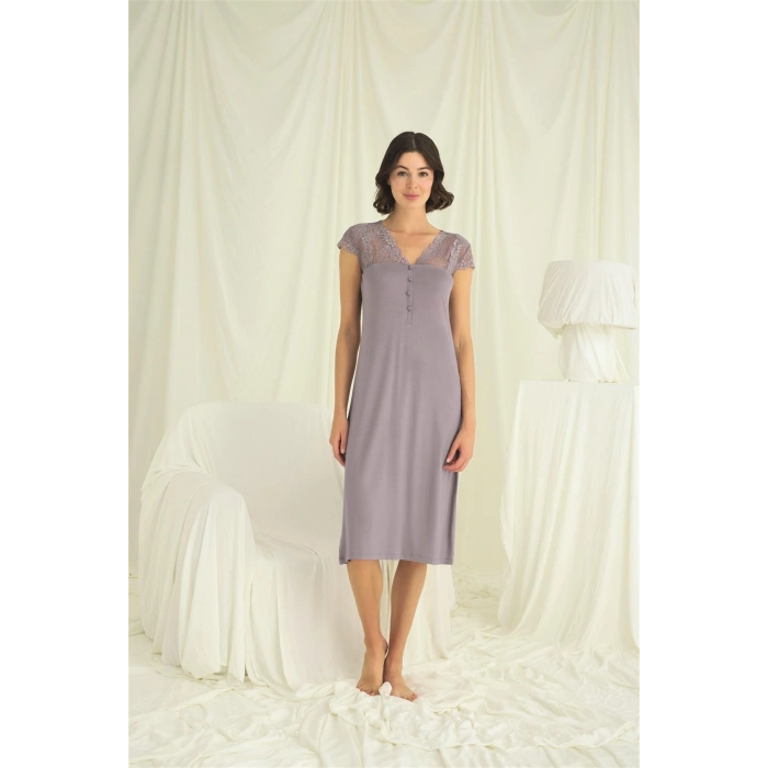 MARSiLYAN- Kolu Omzu Ve Yakası Dantelli Önü Düğmeli Gecelik