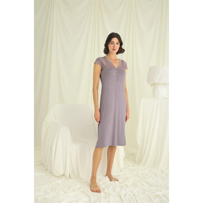 MARSiLYAN- Kolu Omzu Ve Yakası Dantelli Önü Düğmeli Gecelik