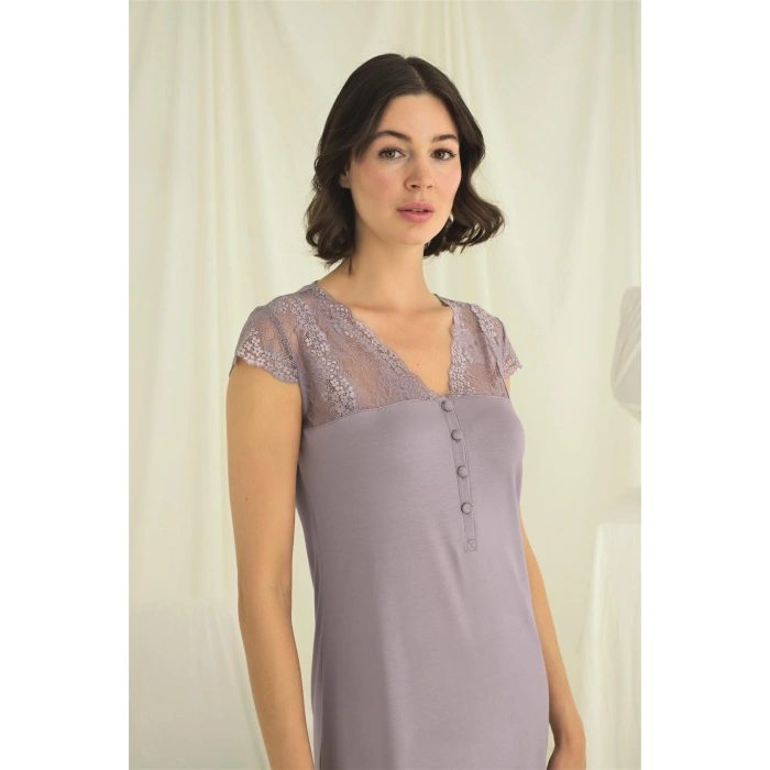 MARSiLYAN- Kolu Omzu Ve Yakası Dantelli Önü Düğmeli Gecelik