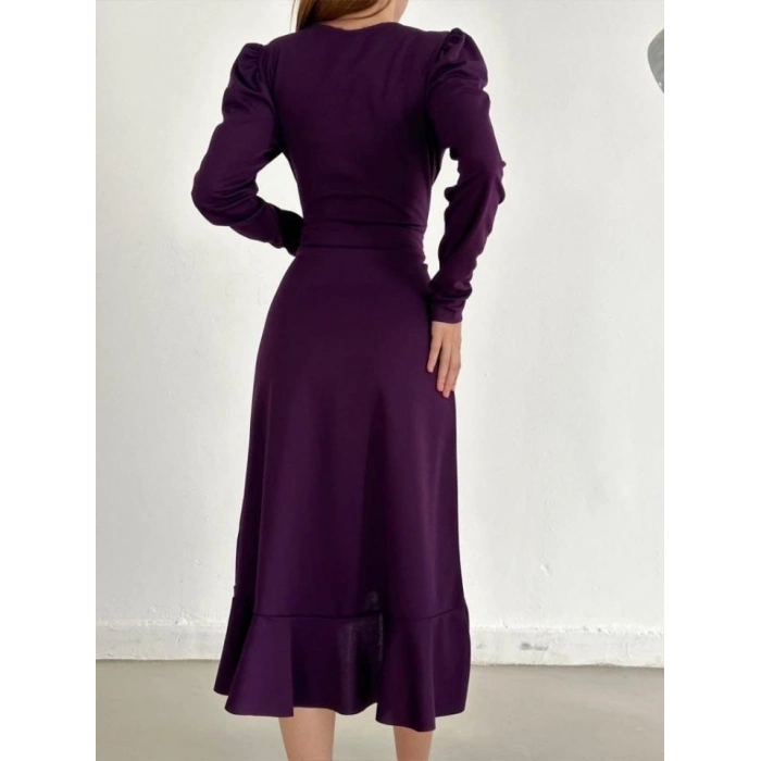 MARSiLYAN- Krep Kumaş Midi Boy Kuşaklı Uzunkol Elbise